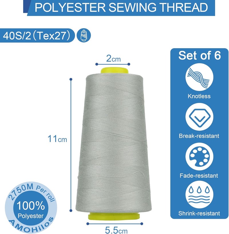 AMOHilos Polyester Sewing Thread All Purpose Knotless 40S/2 (Tex27) 6 Cones of 2750 Yards Each Spool Thread Total 16500 Yards for Serger Sewing Machine Quilting Piecing Overlock Hand Stitching (Grey) - Image 3